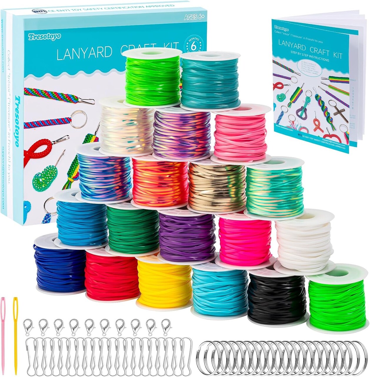 anyard String, 20 Rolls Gimp String, Plastic String Lacing Cord, Boondoggle String Kit 1200 Feet and 52Pcs Keychain Lanyards Accessories